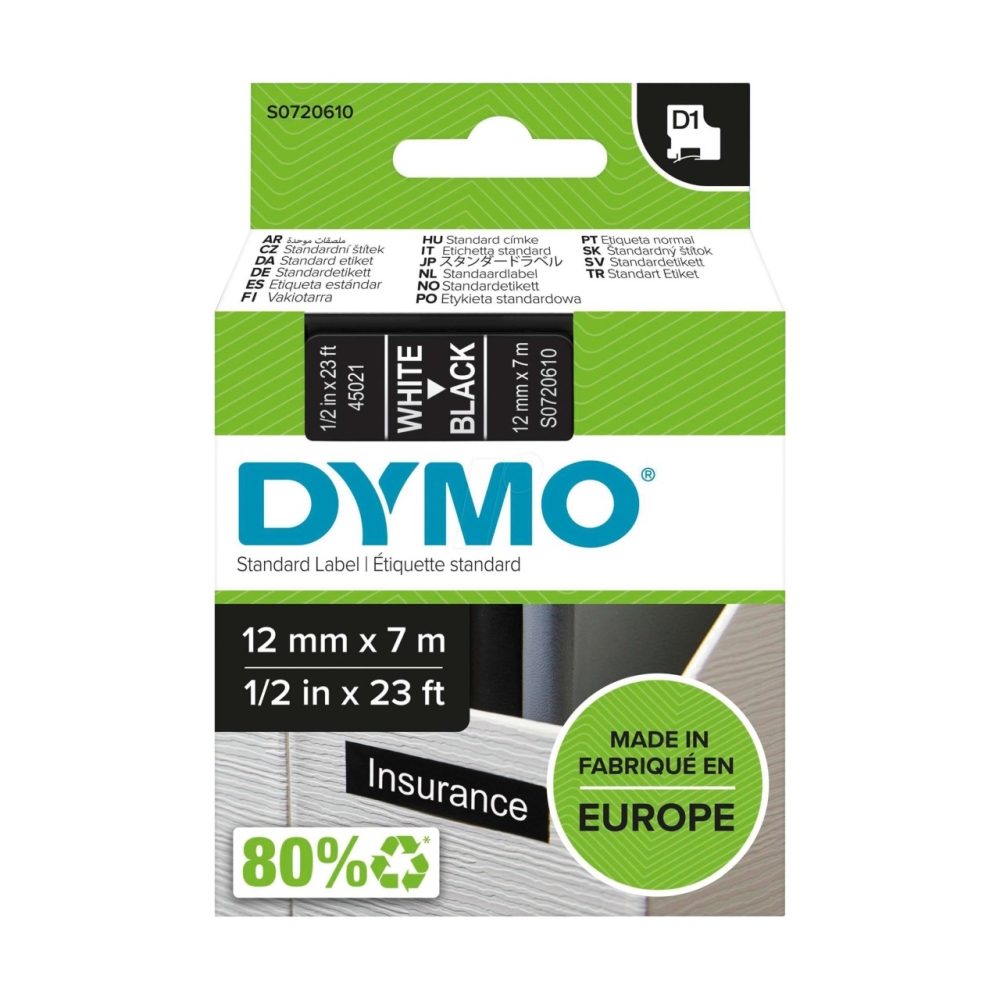 Original Dymo 45021 / S0720610 Schriftband 12mm/7m Weiss auf Schwarz