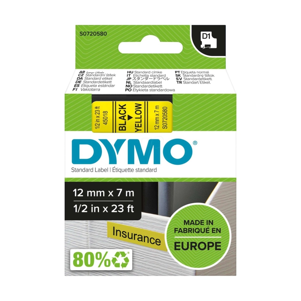 Original Dymo 45018 / S0720580 Schriftband 12mm/7m Schwarz auf Gelb