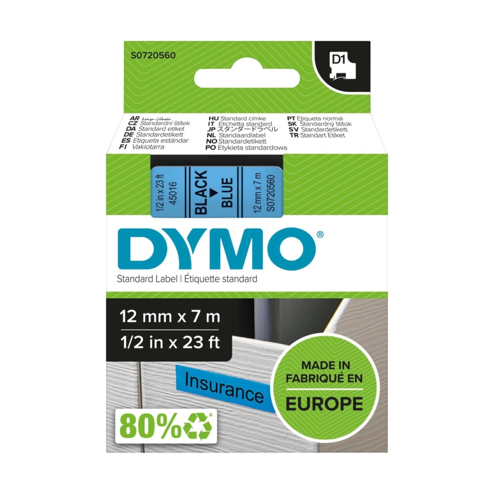 Original Dymo 45016 / S0720560 Schriftband 12mm/7m Schwarz auf Blau