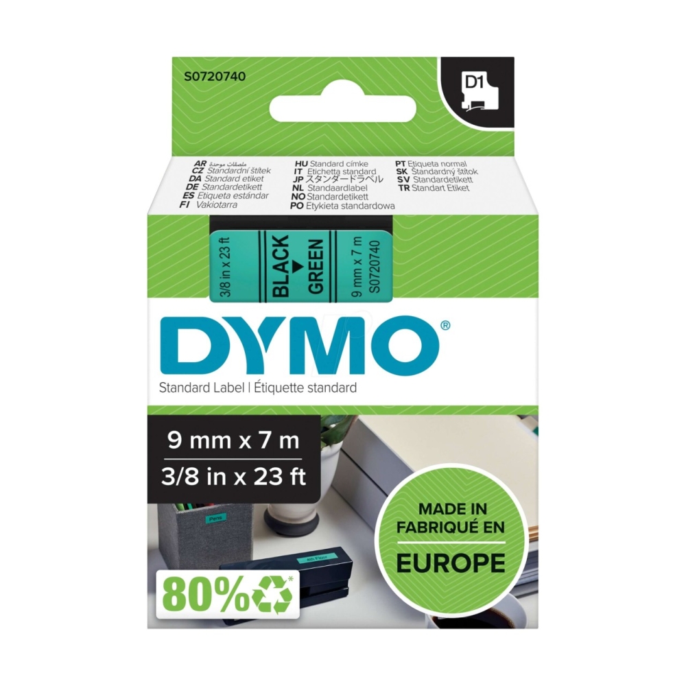 Original Dymo 40919 / S0720740 Schriftband 9mm/7m Schwarz auf Grün