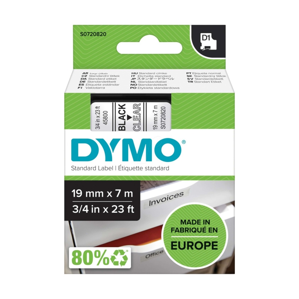 Original Dymo 45800 / S0720820 Schriftband 19mm/7m Schwarz auf Transparent