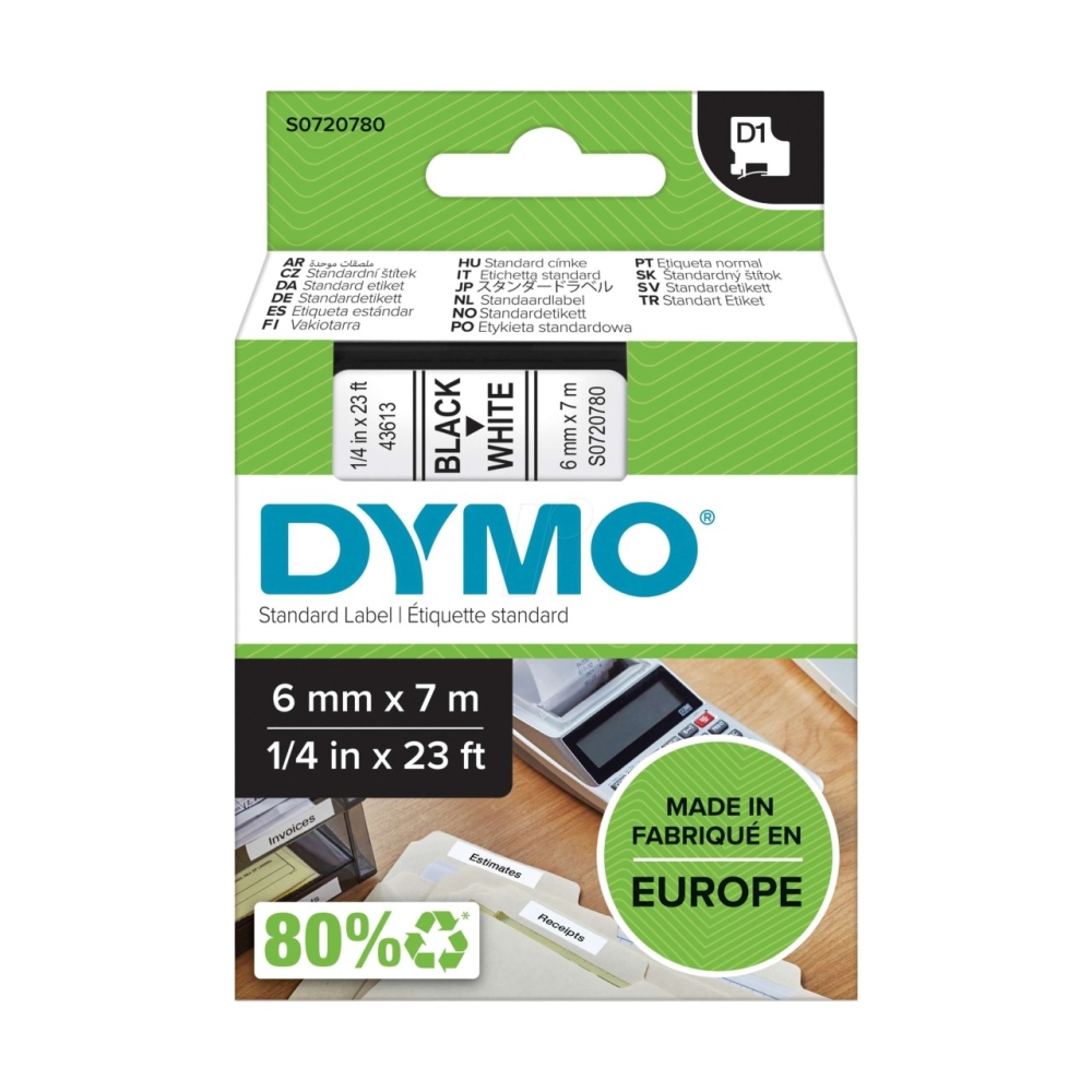 Original Dymo 43613 / S0720780 Schriftband 6mm/7m Schwarz auf Weiss