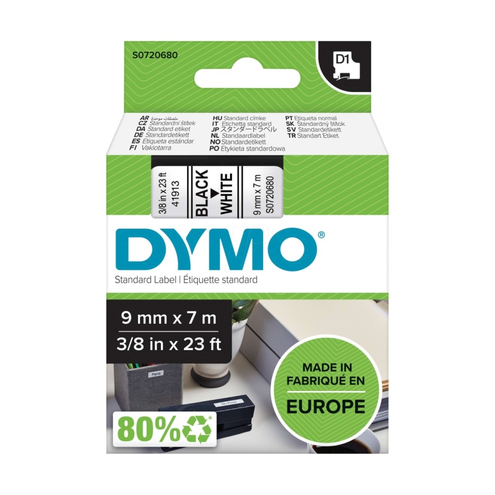 Original Dymo 40913 / S0720680 Schriftband 9mm/7m Schwarz auf Weiss