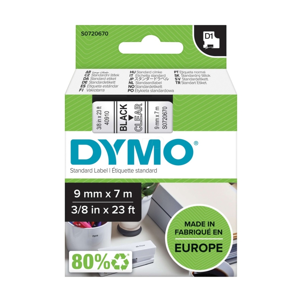 Original Dymo 40910 / S0720670 Schriftband 9mm/7m Schwarz auf Transparent