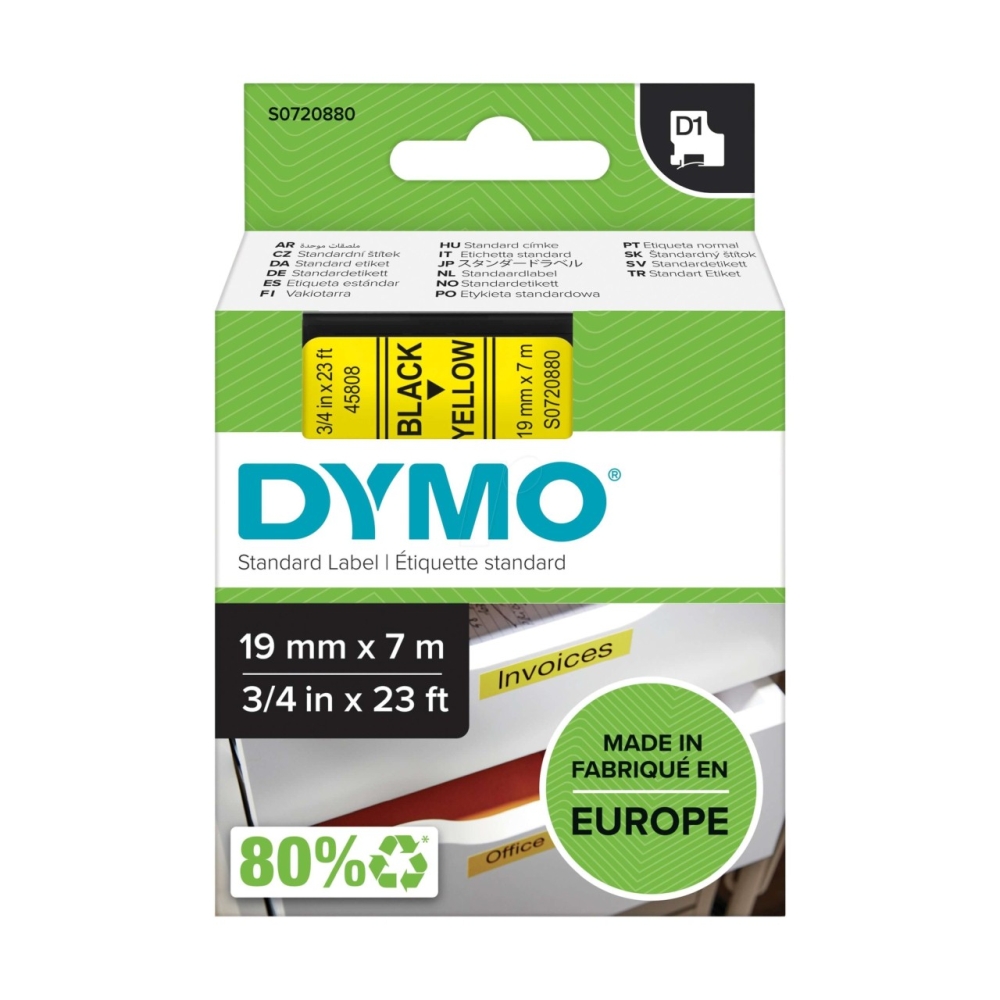 Original Dymo 45808 / S0720880 Schriftband 19mm/7m Schwarz auf Gelb
