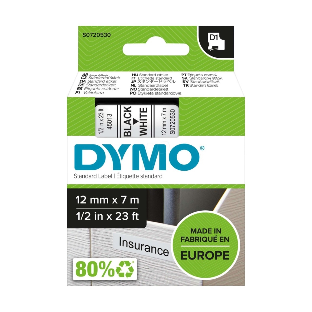 Original Dymo 45013 / S0720530 Schriftband 12mm/7m Schwarz auf Weiss